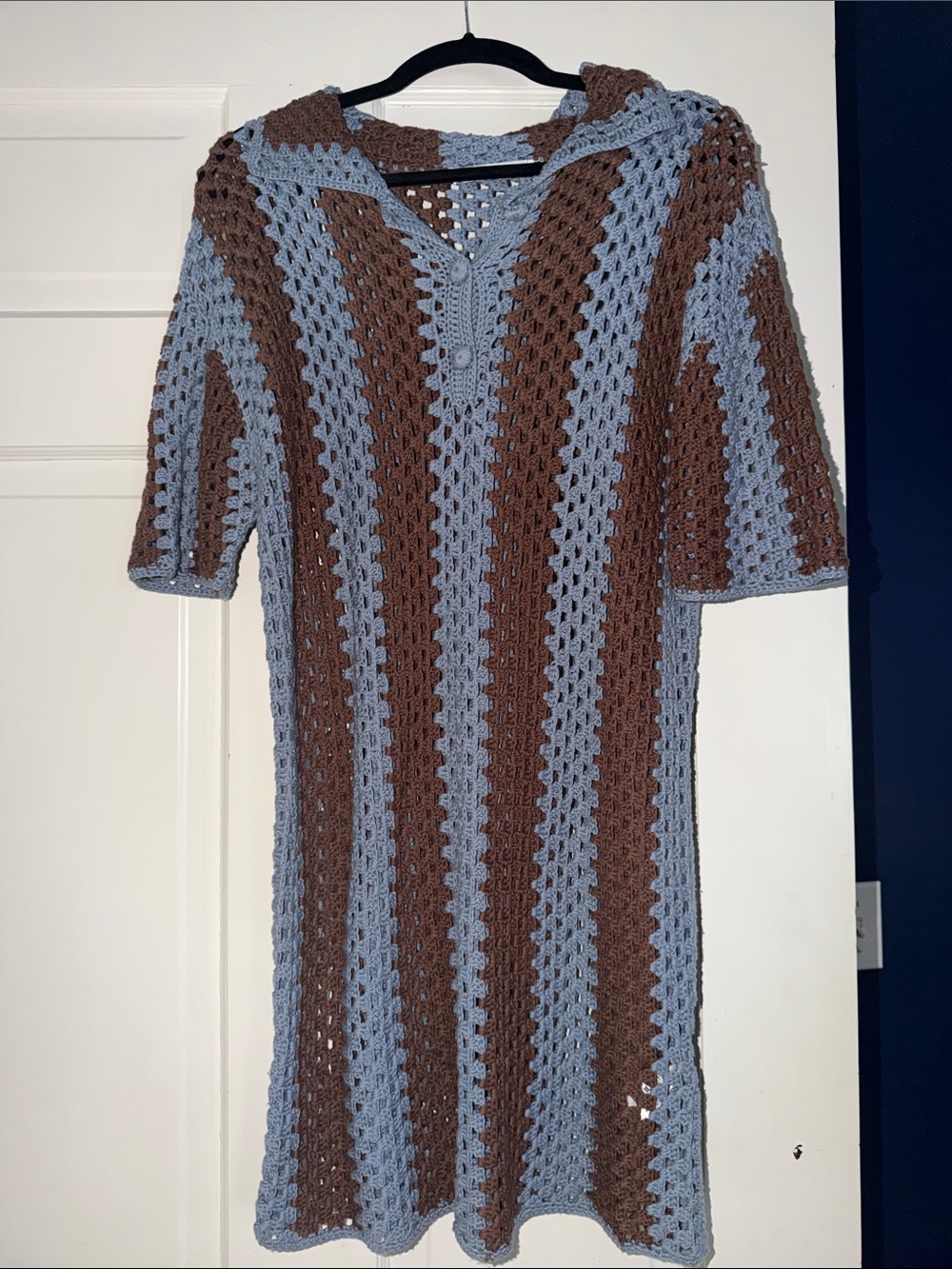 Zara Crocheted V-Neck Tunic Sweater Dress in Light Blue and Brown